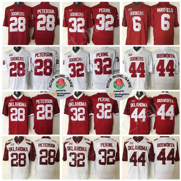 

Men College Football Oklahoma Sooners Jerseys Rose Bowl Patch Red White 6 Mayfield 14 Bradford 5 Neal 28 Peterson 32 Perine 44 Bosworth