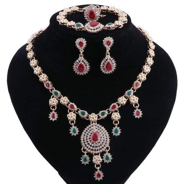

fashion dubai jewelry sets wedding african beads costume design gold color crystal women's earrings necklace bracelet ring set, Black