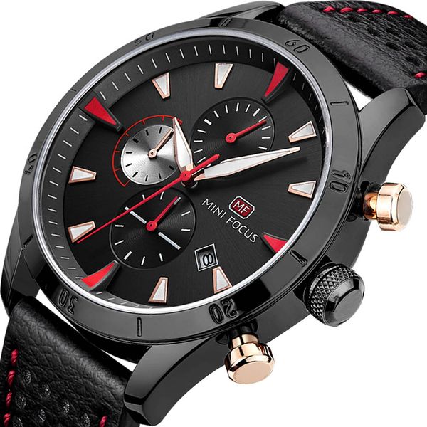 

mini focus male watches business watch true three eyes six needles calendar waterproof genuine leather watchband 0011g, Slivery;brown