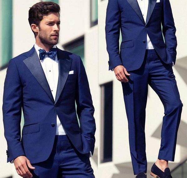 Modische hübsche blaue zwei Knöpfe Kerbe Revers (Jacke + Pants + Tie) Bräutigam Smoking Groomsmen Best Man Suit Mens Hochzeitsanzüge