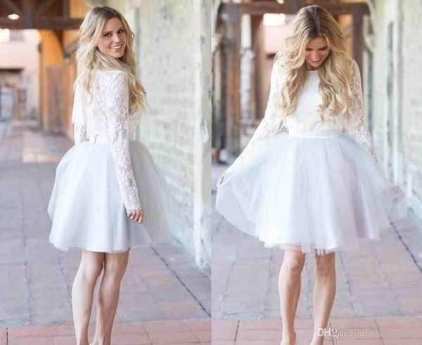 

2018 Modest Short Cocktail Dresses Jewel Knee Length Tulle Lace Long Sleeve Celebrity Dresses Party Evening Prom Dresses Custom Made