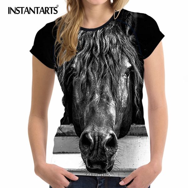 

instantarts 3d carzy horse print women sport running t shirt breathable short sleeve clothing summer o-neck quick dry shirt, Black;blue