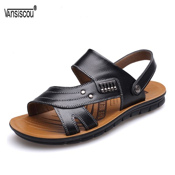 

vansiscou men breathable casual slippers open toe genuine leather sandals comfortable summer outdoor beach shoes fashion sandals, Black
