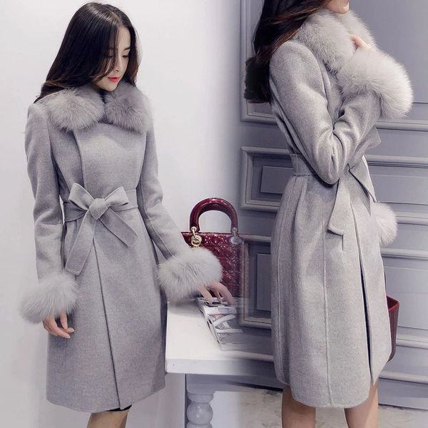 

2018 autumn winter woman overcoat wool blends coat faux fur collar outerwear coats long woolen cloth garment ladies' coat c3669, Black