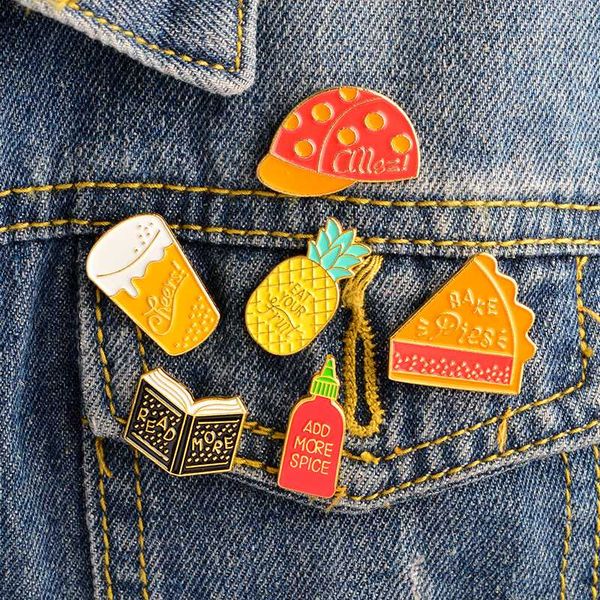 

6pcs/set pineapple book pie beer spbottle hat pin set badges brooches hard enamel pin backpack hats bages accessories, Gray