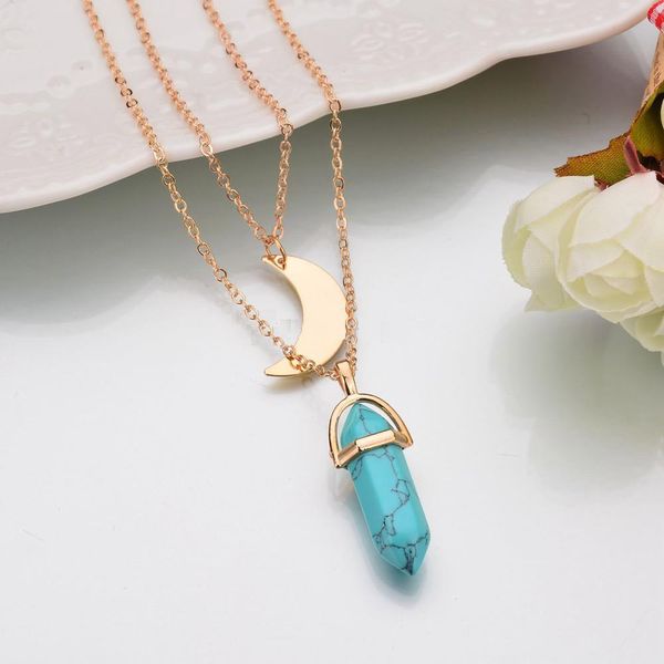 

shape fashion necklaces jewelry natural pendant bullet hexagonal layer double moon choker necklace stone for women men psska