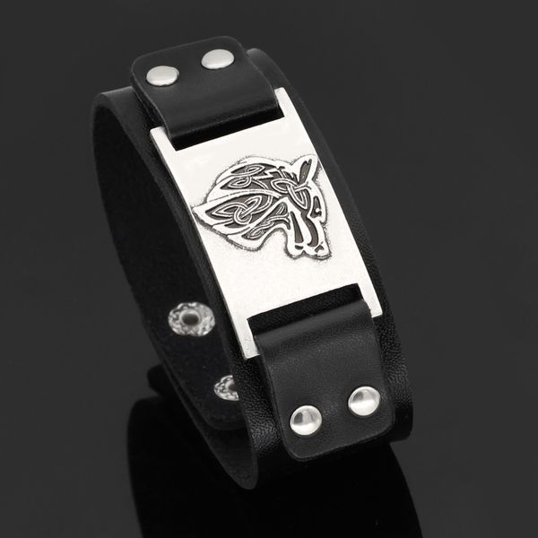 

men viking wolf head leather amulet bracelet jewlery -fit 20cm- 25cm, Black