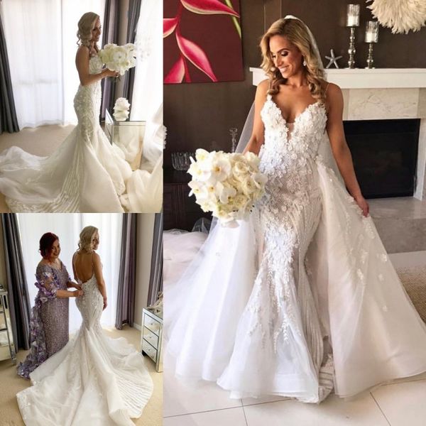 

amazing mermaid lace backless wedding dresses with detachable train beaded bridal gowns trumpet sequined tulle 3d appliqued vestido de novia, White