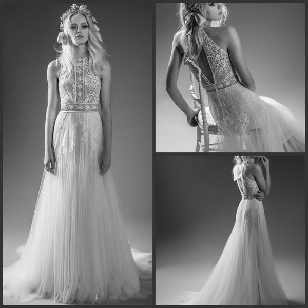 

2019 new vintage lihi hod wedding dresses jewel neck bohemia lace applique 2018 boho wedding gowns sweep train long bridal dress vestido de, White