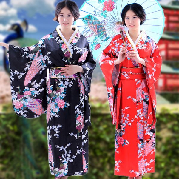 

traditional japanese kimono yukata peacock floral dress for women with obi bow tie charming satin gown retro party, Red