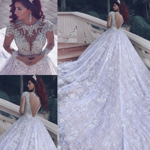 

luxury 2018 arabic lace wedding dress sparkly diamonds beaded bodice high neck sheer long sleeves cathedral train big day bridal gowns, White