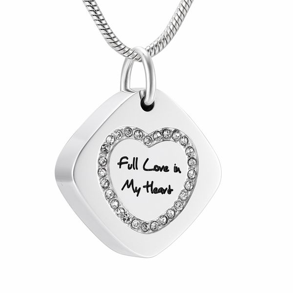

ijd9919 engraved "full love in my heart" memorial rhombus shape stainless steel cremation neckalce for human funeral jewelry, Silver