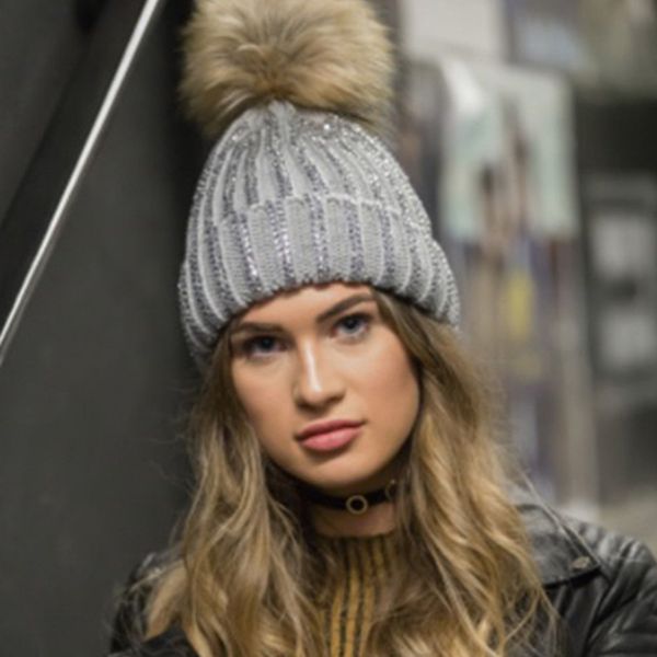 

winter rhinestone fur hats women real fur hat cute pom poms warm hat girl 's wool warm cap knitted beanies, Blue;gray