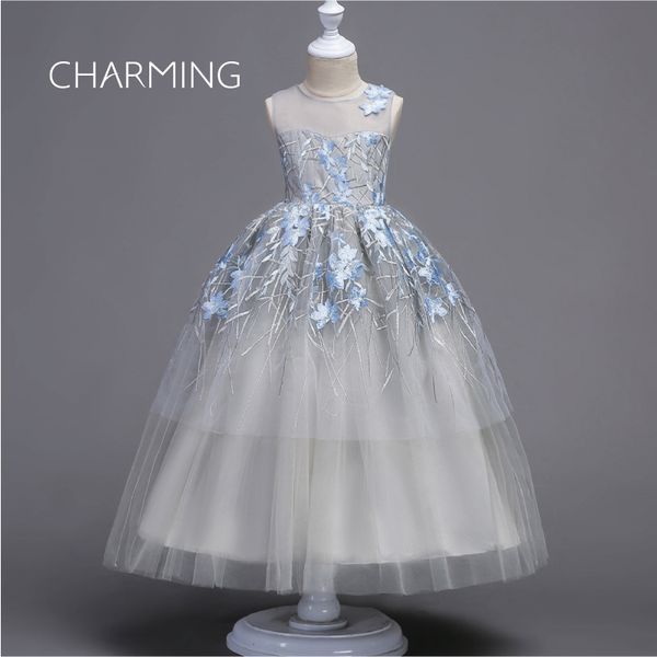 

ball gown tea length flower girl dress organza sleeveless jewel neck with appliques tiered ruching, White;blue