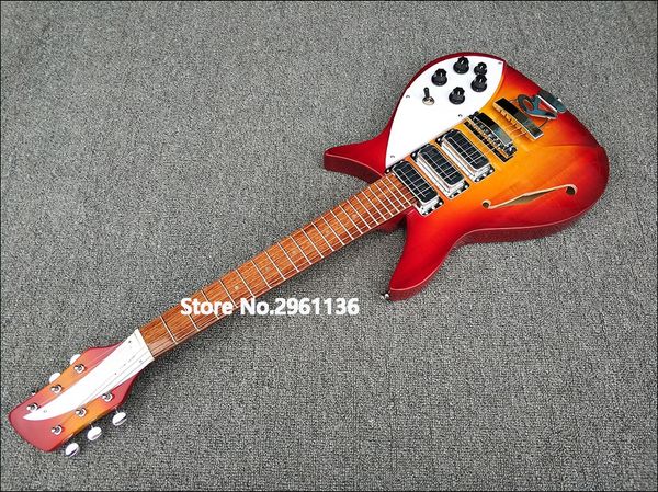 

john lennon 325 short scale 527 cherry sunburst electric guitar semi hollow body, 3 toaster pickups, single f hole, lacquer painted fretboar