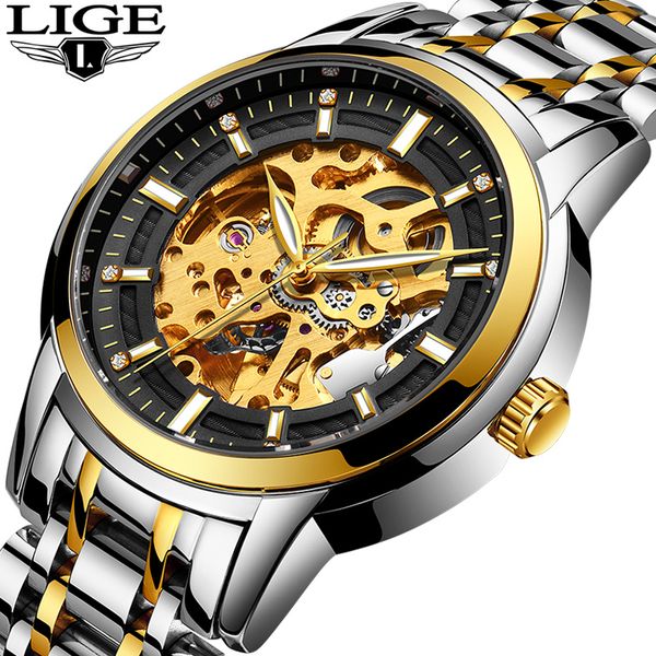 

relogio masculino lige mens watches automatic mechanical watch men full steel business waterproof sport watches, Slivery;brown