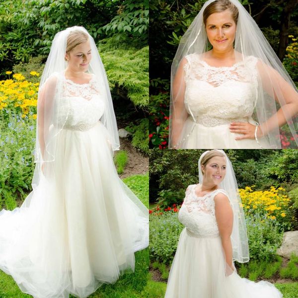 

plus size lace wedding dresses sleeveless jewel neck crystals beadings sash a line sweep train 2019 classic new bridal gowns custom made, White