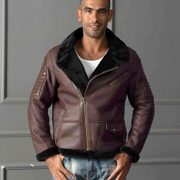 

2 colours avirexfly oil wax men double face lamb fur lining genuine leather jacket flocking flight leather jacket with oblique zipper, Black