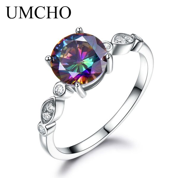 

umcho genuine rainbow fire mystic z ring solid 925 sterling silver jewelry gift for women fine jewelry, Golden;silver