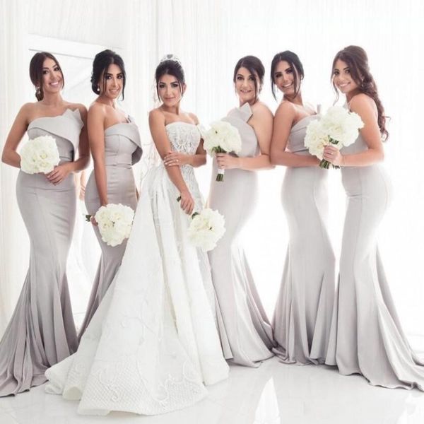 

2019 sliver mermaid bridesmaid dresses satin strapless sleeveless ruched draped floor length custom made maid of honor dress316j, White;pink