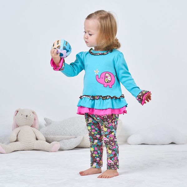 

Baby clothes + pants 2 pieces lovely blue Elephants Embroidered infant clothes long Sleeve petal style O neck with Flower floral pants