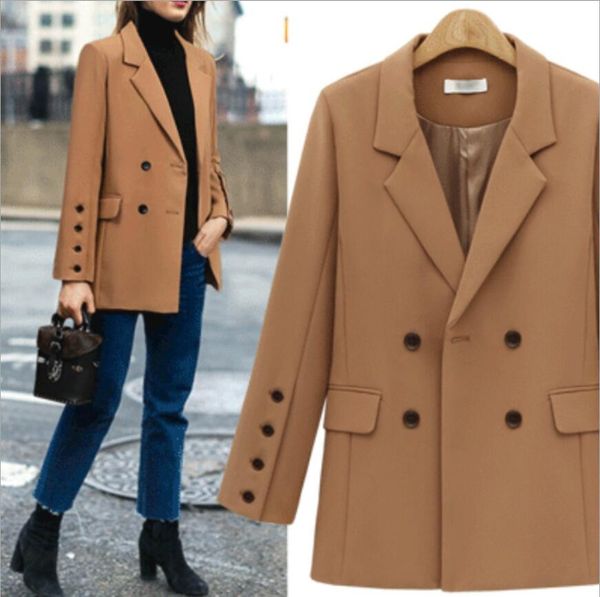 

double-breasted suit collar collar woolen coat 2018 autumn new loose long section casual woolen coat female, Tan;black