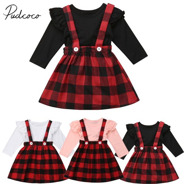 

2019 brand new infant kids baby girl christmas clothes sets ruffles sleeve pullover t-shirts solid +plaid bib overall skirts, White