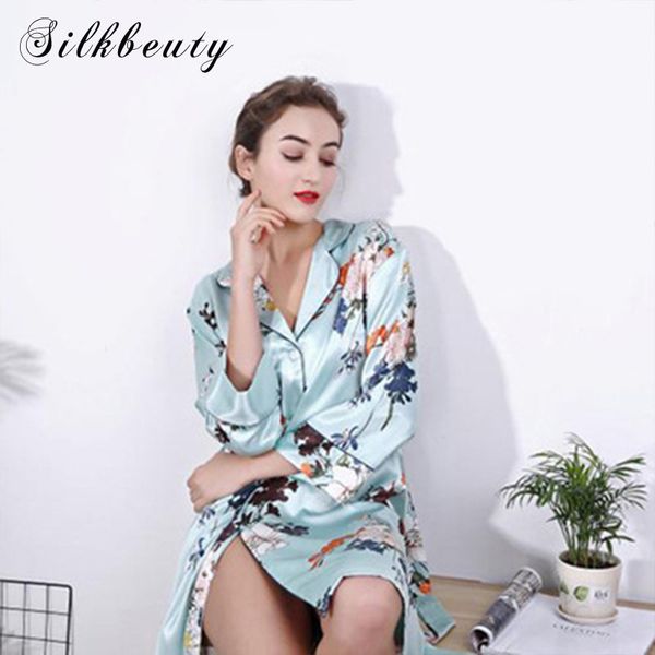 

silkbeuty summer eleprint flowear women deep v-neck nightgown nightwear turn-down collar button sleepshirts with belt rose, Black;red