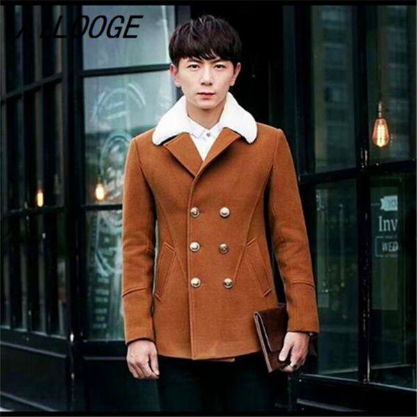 

ailooge 2018 new winter thickening coat men wool coat winter 3 colors turndown collar slim fit wool coats, Black