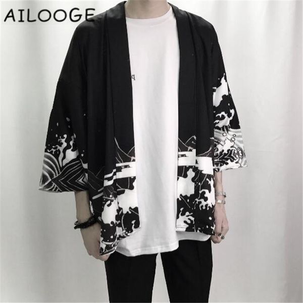 

2021 kimonos japan summer clothes japanese harajuku mens streetwear casual kimono jackets style cardigan outwear mhplr, Black