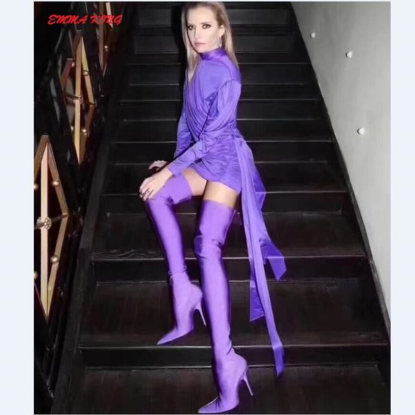 

emma king purple thigh high boots candy color over the knee shoes women thin high heel pointed toe elastic sock long botas, Black