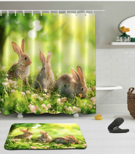 

lovely rabbit polyester fabric shower rabbit curtain bathroom decor animal waterproof curtain floor mats with hooks
