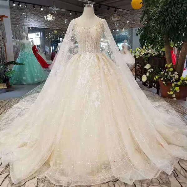 

elegant wedding dresses with detachable cape v-neck sleeveless wedding gown 2019 with train big round o-neck bridal dress, White