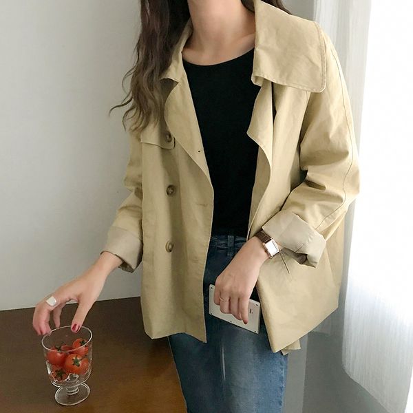 

women short trench double breasted light khaki, Tan;black