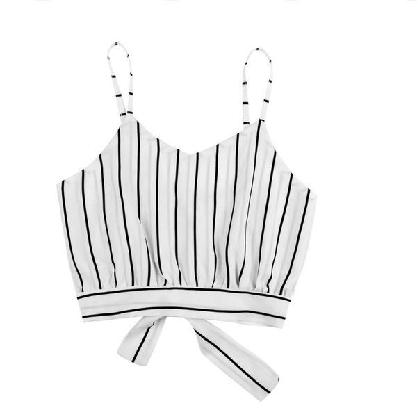 

новый fahsion 2018 женщины sexy полосатый зашнуровать camis танк полосатый v шеи спинки обрезанные топы женщины жилет тонкий летний топ женщ, White