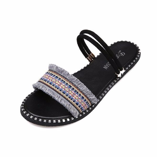 

summer women's sandals slippers flat fish mouth fringe slippers, Black