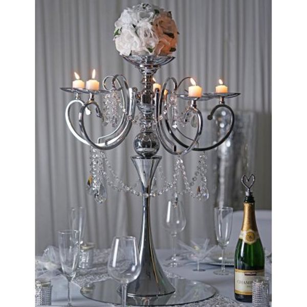 

27 inches tall gold metal candelabra chandelier wedding centerpiece with acrylic chains and big teardrops party event decor
