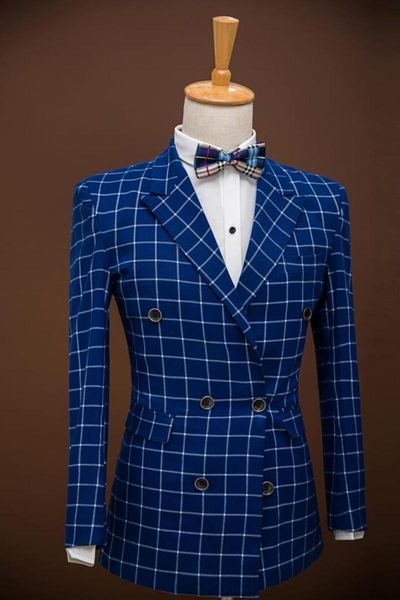 Clássico Handsom Checker Double Breasted Do Noivo Smoking Brasão Com Calças Ternos de Negócio Dos Homens (Jacket + Pants + Bow Tie) J878