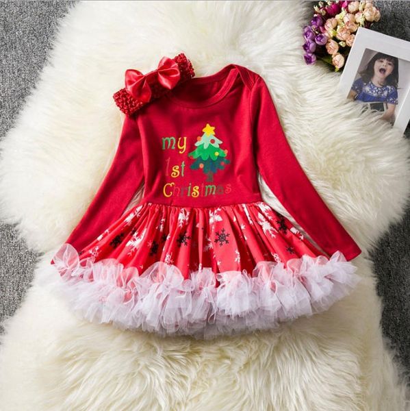 Commercio all'ingrosso 7 stile manica lunga neonate pagliaccetti tutu babbo natale calzini dell'albero di natale stampati gonna a bolle per bambini con la fascia per il trucco del neonato