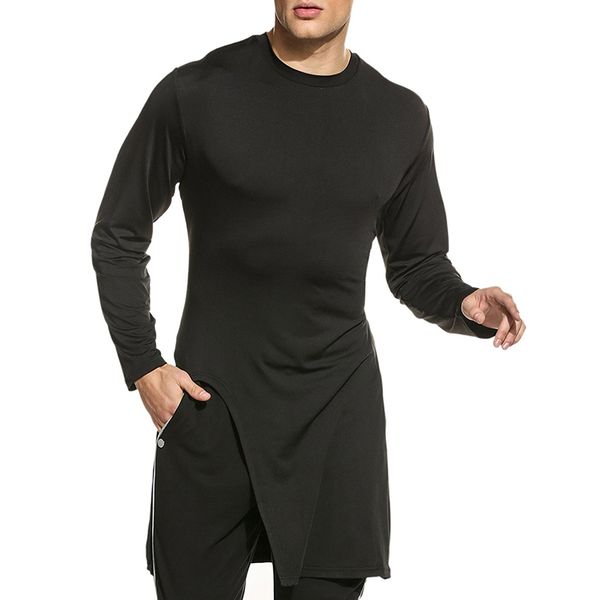 

men's full sleeve t shirt soft elasticity long hem pullover t-shirt side high slit longline hips male hip street wear, White;black