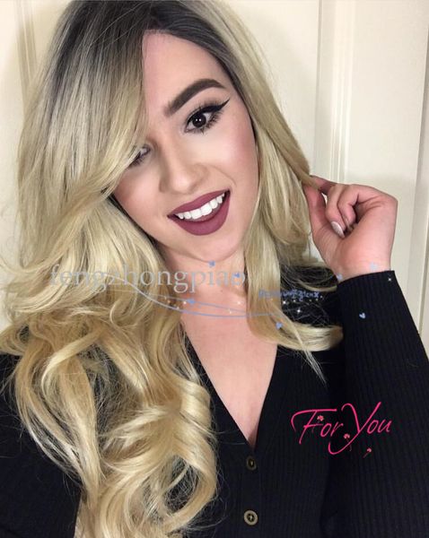

feng zhong piao women fashion wigs ombre dark roots 27/613 blond long curly wavy wigs heat resistant synthetic, Black