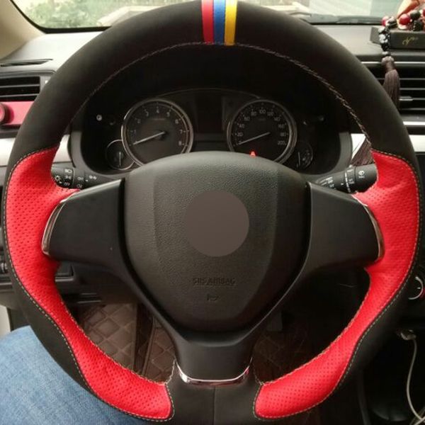 

red genuine leather black suede diy hand-stitched car steering wheel cover for suzuki alivio 2015 2016