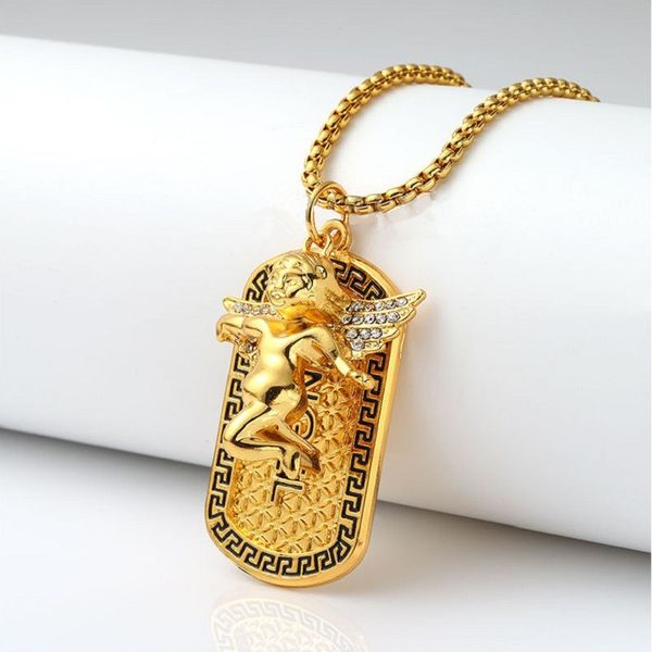 

men lovely pray angel medal hip hop cool dog tag pendant necklace fashion jewelry 18k gold plated 75cm long chain, Silver