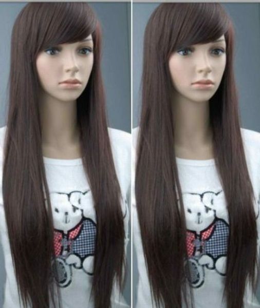 

fashion new long dark brown straight full wig like human hair wig 70-75cm, Black