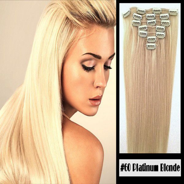 Clip-In-Extensions aus 100 % Remy-Echthaar, Nr. 60, Platinblond, 20,3–61 cm, Güteklasse 8A, für den ganzen Kopf, 7 Stück, 16 Clips, kurz, weich, seidig, glatt