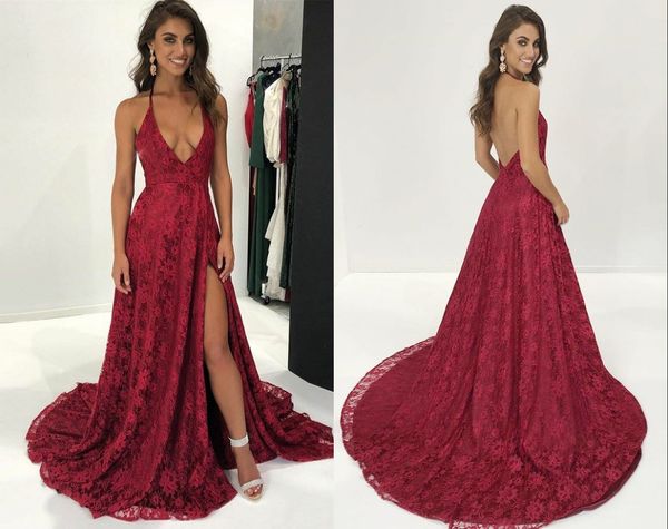 2022 Sexy High Slimt Long Lace Prom Dresses Sera Abiti da Sera Formale Per Le Donne Party Girls Open Back Halter Deep Deeth V Neck Sexy Designer a buon mercato