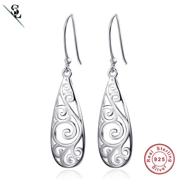 

carved design brincos 100% authentic 925 sterling silver water drop earring new ethnic for women long dangle jewelry summer love, Golden;silver