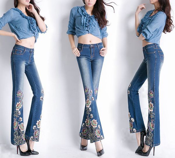 2019 Gorgeous Embroidered Blue Jeans Ladies Flared Pants Stretch
