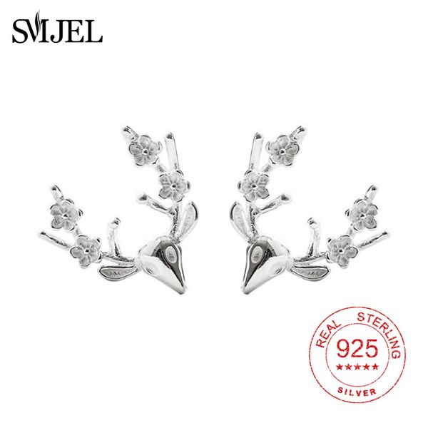 

smjel 925 sterling silver cute antler deer stud earrings for women elk reindeer flower earring pendients mujer christmas gift, Golden;silver