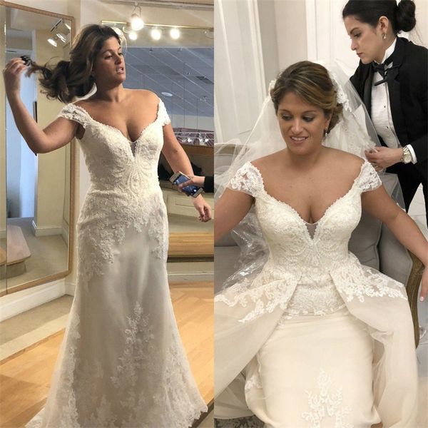 

2019 new plus size wedding dresses with detachable train off the shoulder lace appliques wedding dress vestido de novia bridal gowns, White